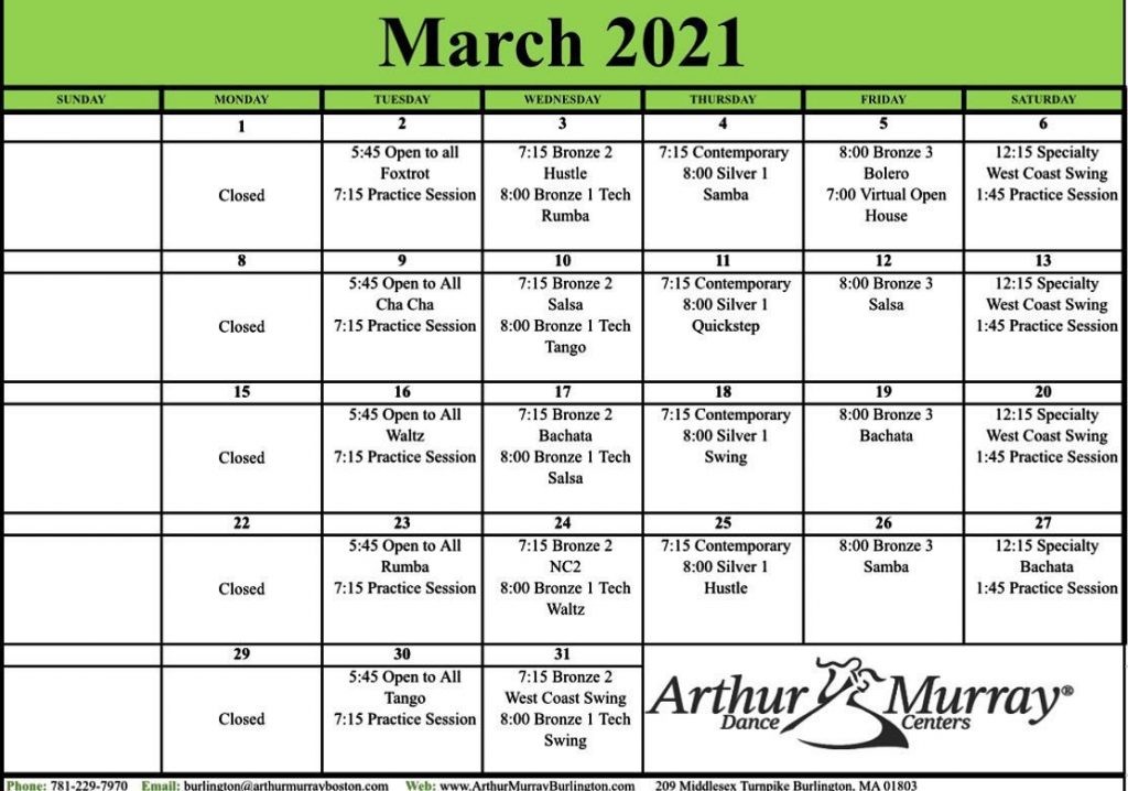 Studio Calendar Arthur Murray Burlington